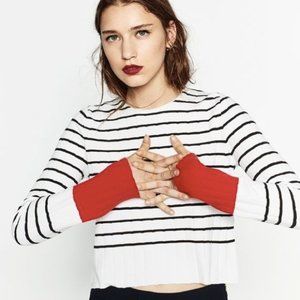 Zara Cropped B&W Striped Knit Top with Red Cuffs